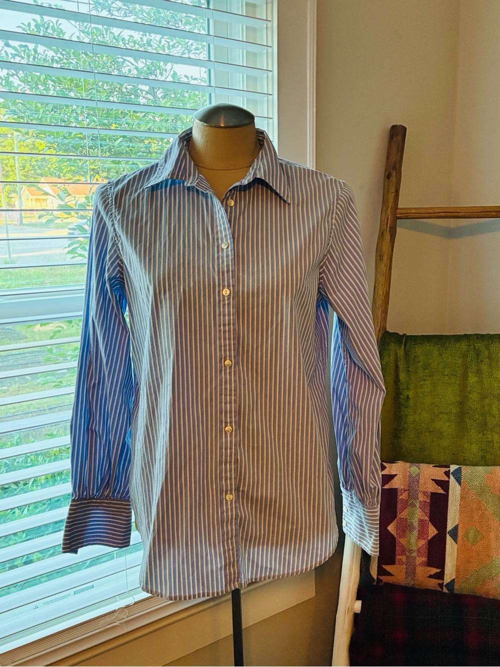 Chaps Blue and White Striped Dress Shirt